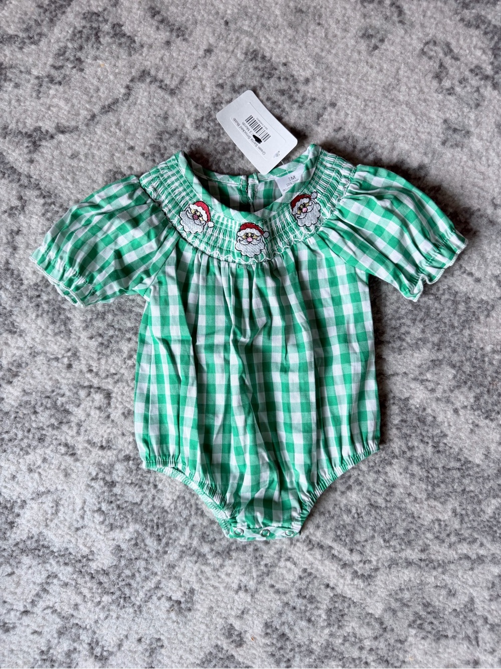 Green Gingham Smocked Baby One-Piece with Santa Embroidery